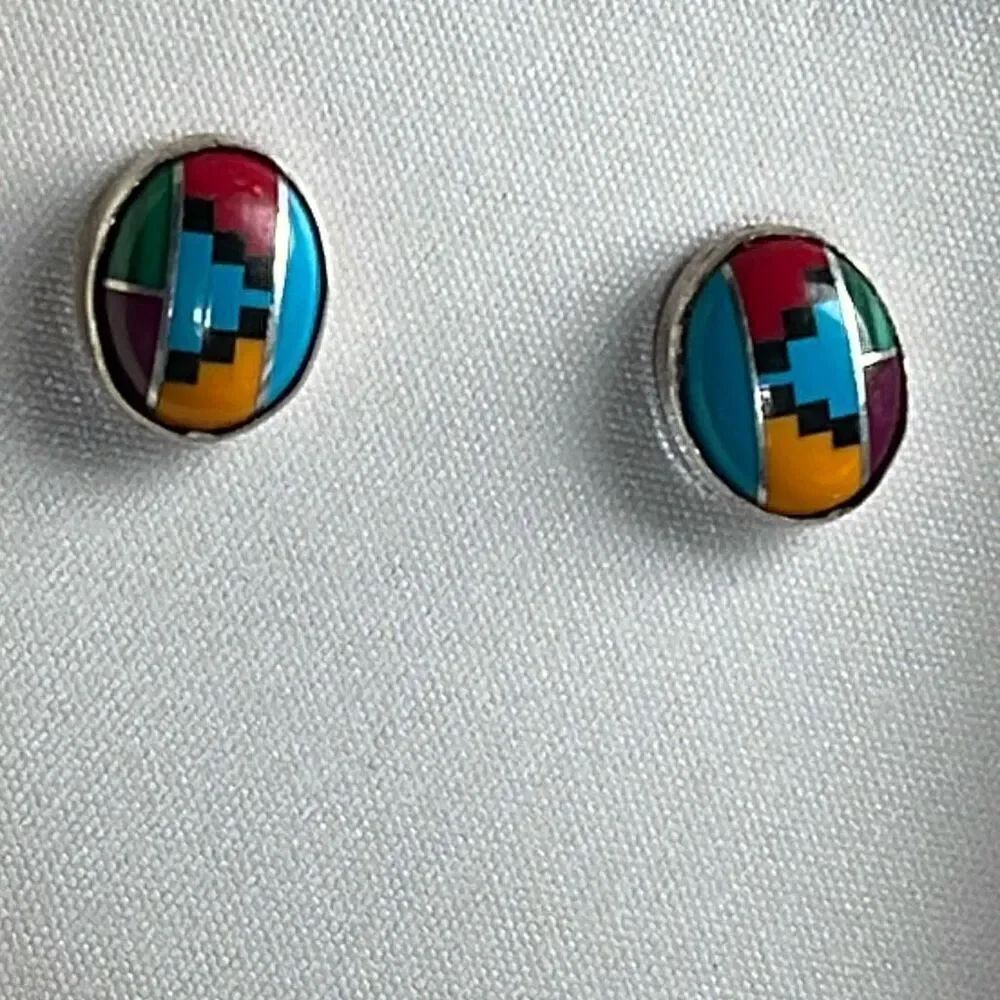 Zuni DHR inlay sterling silver post style earrings